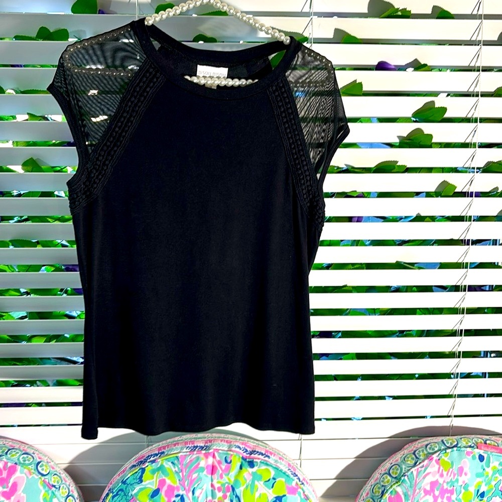 Bisou Bisou black knit top with sheer cap sleeves